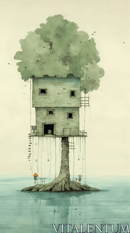 Island Tree House: A Surreal Representation AI Image