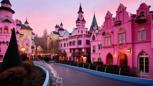 Fantastical Pink Castle in Vibrant Cityscape