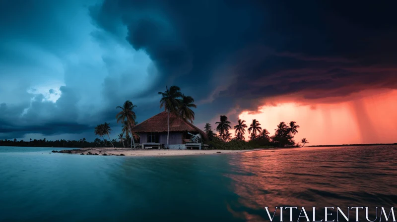 Mysterious Tropical Island Amidst an Approaching Storm AI Image