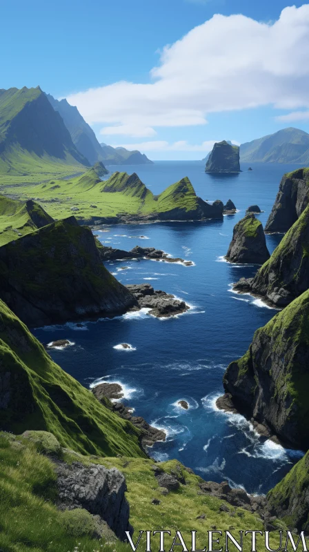 Coastal Landscape - An Island Amidst Blue Ocean and Green Hills AI Image