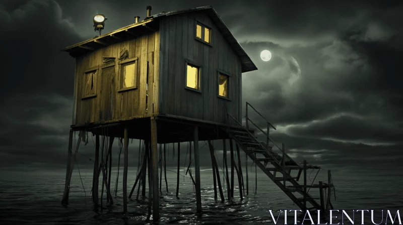 Stormy Night House - Surrealist Post-apocalyptic Seaside Vista AI Image