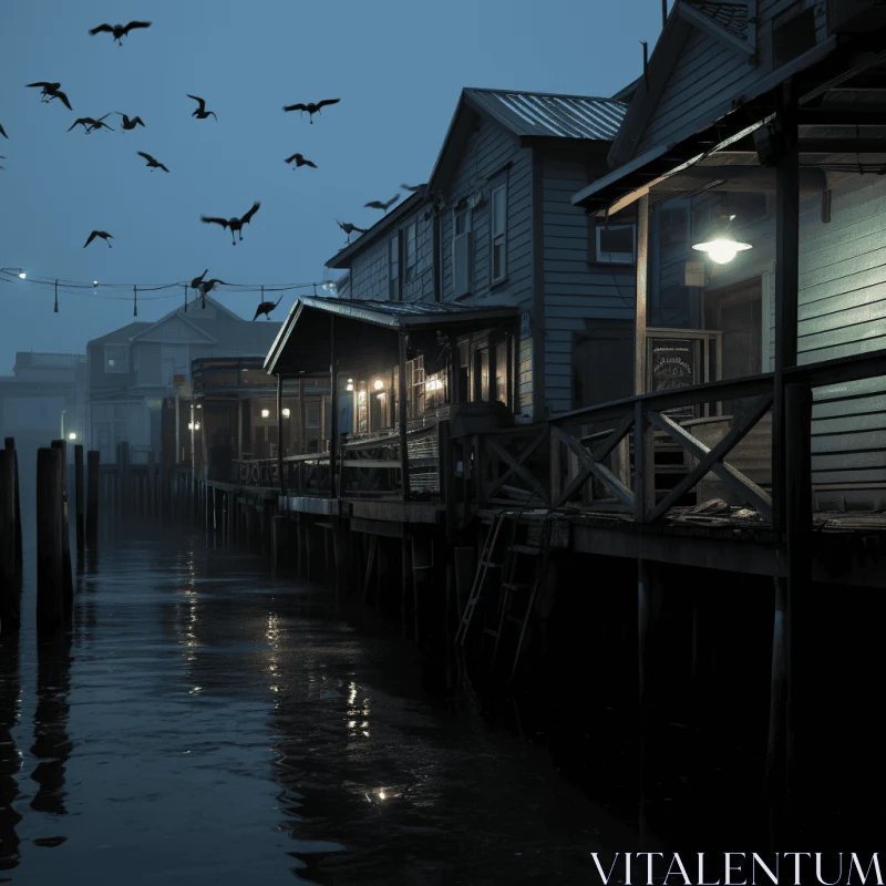 Foggy Urban Water Scene with Dark, Avian-Themed Elements AI Image