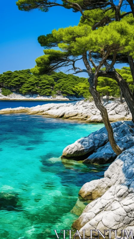 Rocky Island Landscape with Clear Water and Pine Trees AI Image