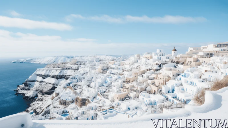 Snow-covered Santorini Village: A Surreal Cityscape AI Image