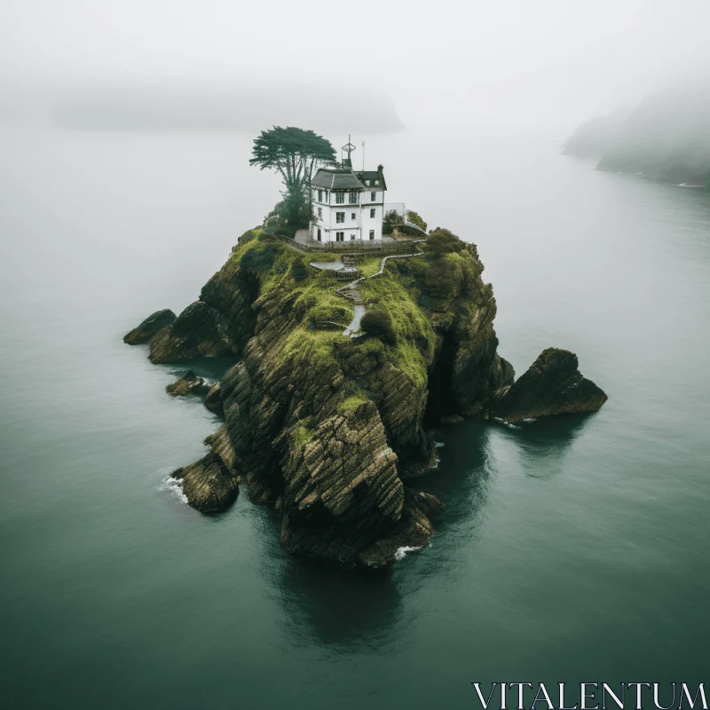 Atmospheric Ocean House Amidst Fog - Aerial Photography AI Image