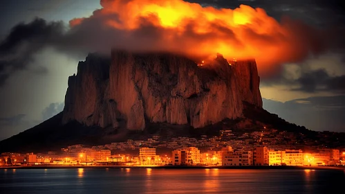 Chiaroscuro Masterpiece: Smoky Orange Mountain over Town