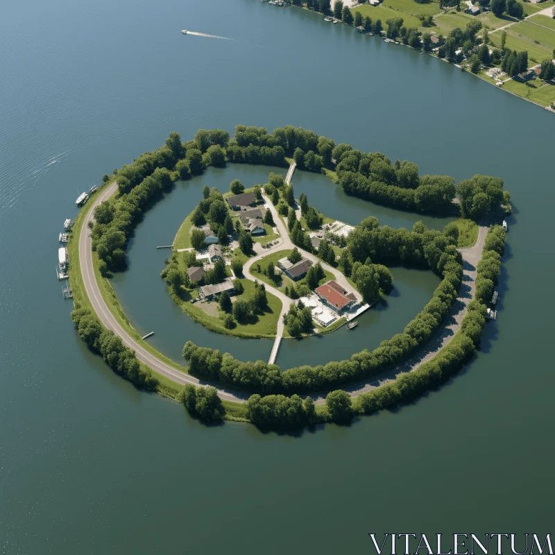 Island Lake: An Aerial View of Architectural Harmony AI Image