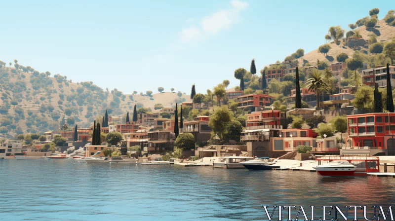 Nostalgic Mediterranean Lake Scene with Boats and Houses AI Image