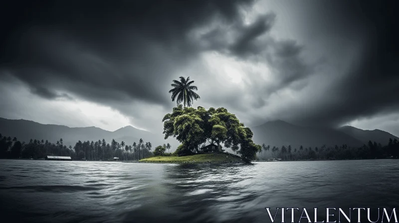 Island Portrait: Chiaroscuro Palm Tree in Overcast Sky AI Image