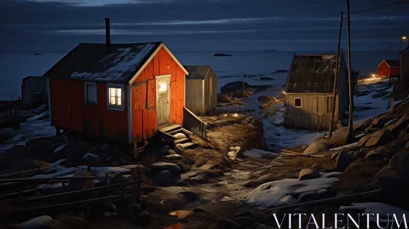Rustic Red House on Beach at Dusk: A Blend of Maritime and Rural Life AI Image