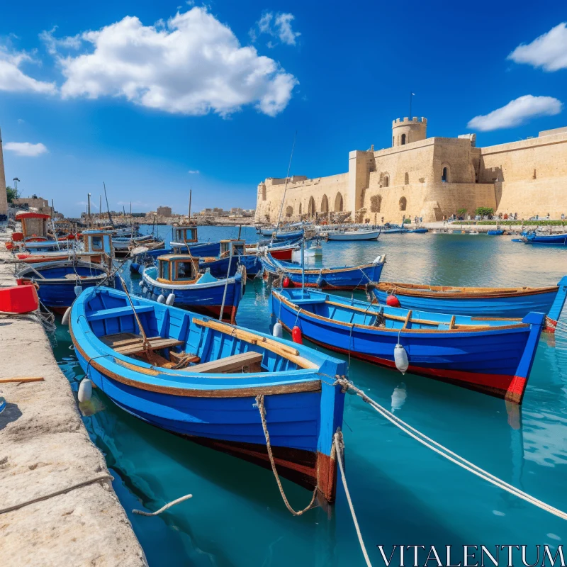 Blue Boats on Azure Waters Amidst Grandiose Architecture AI Image