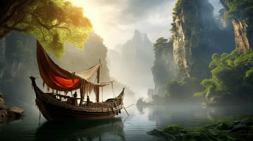 Chinese Art Inspired Landscape: Serene River and Boat