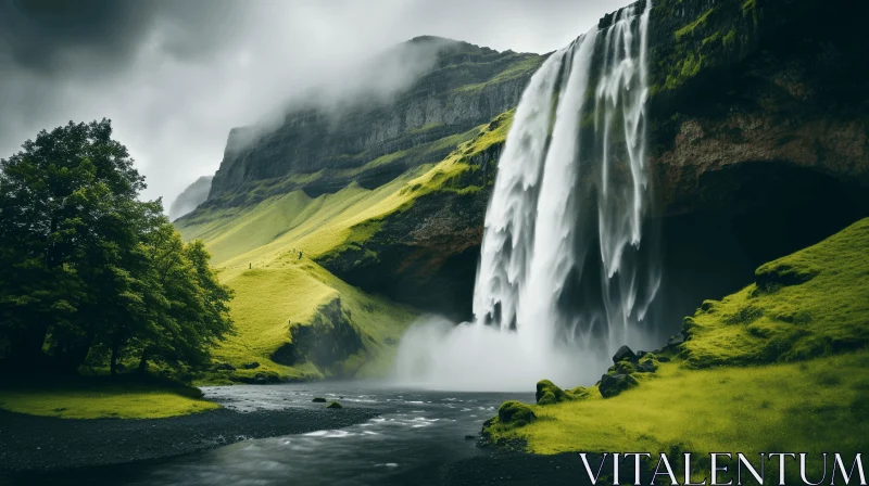 Icelandic Waterfall - A Serene Pastoral Scene of Nature's Wonder AI Image