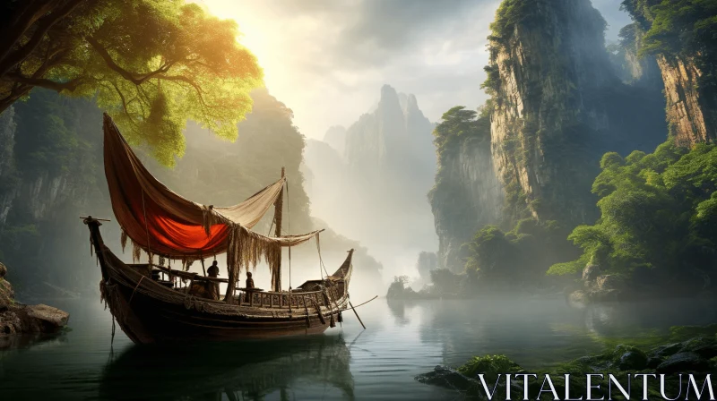 Chinese Art Inspired Landscape: Serene River and Boat AI Image