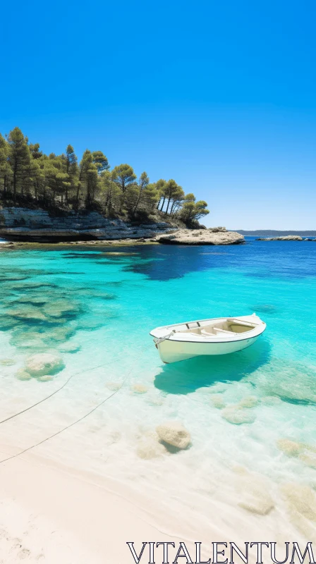 Mediterranean Landscape: Boat Anchored in Shallow Azure Waters AI Image