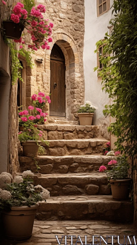 Romantic Villagecore Doorway with Flowers in Terraced Cityscape AI Image