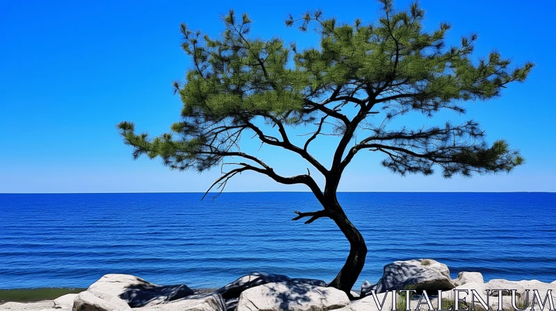 Solitary Pine Tree by the Ocean: A Study in Light and Shadow AI Image