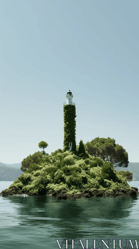 Lighthouse on Island Amidst Ocean with Detailed Foliage AI Image