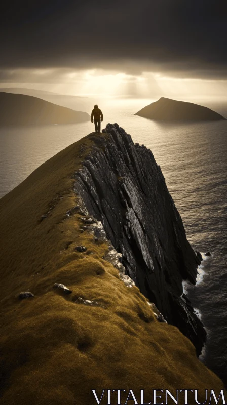 Man on Cliff: A Study of Light, Shadow and Coastal Landscapes AI Image