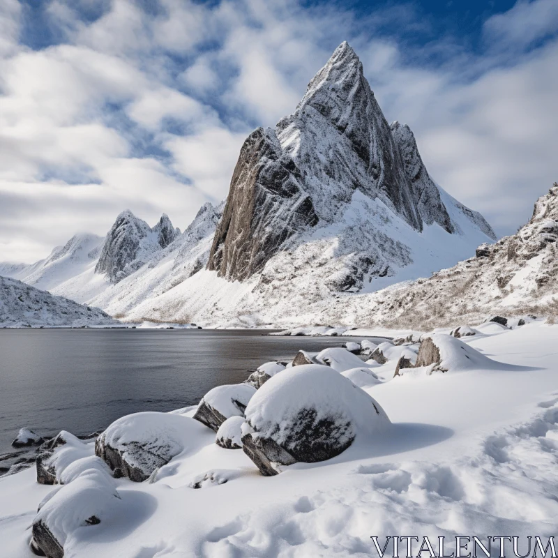 Majestic Snow-Covered Landscape by Tranquil Lake AI Image