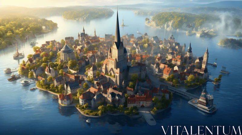 Medieval Town on Island: A Graceful Blend of History and Art AI Image