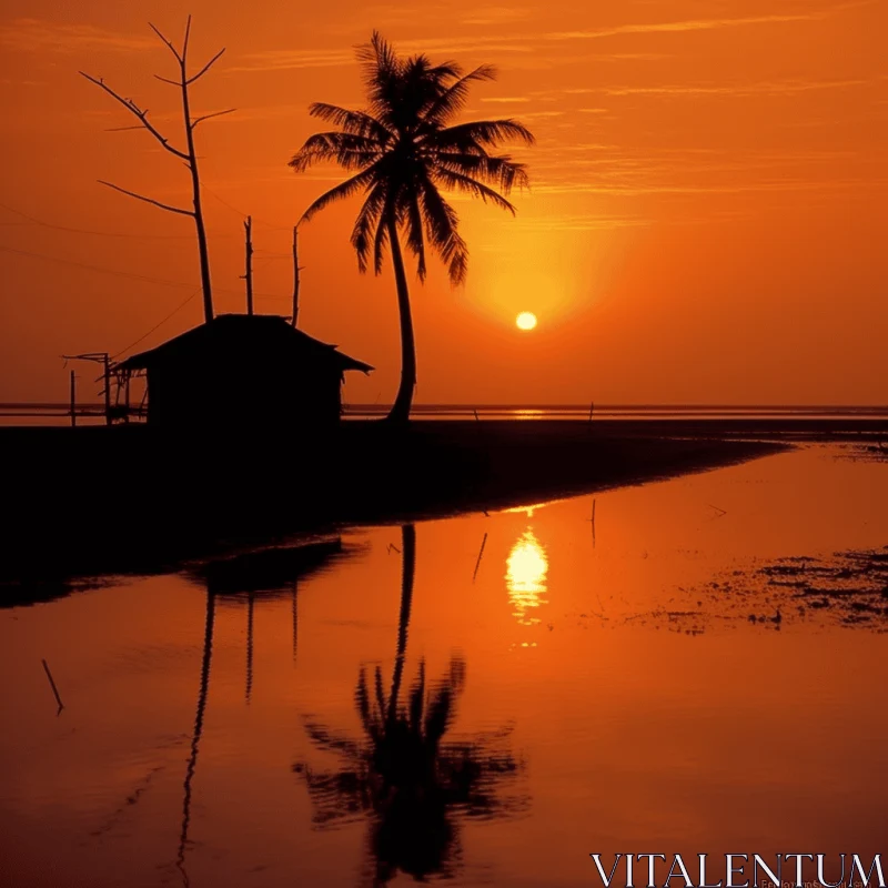 Indonesian Art Inspired Sunset with Palm Tree and Beach Shack AI Image