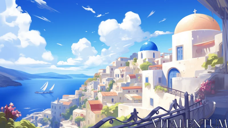 Whimsical Anime-Inspired Greek Island Village Artwork AI Image