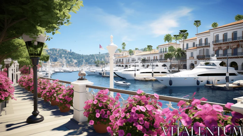 Captivating Harbor View with Docked Boat and Floral Ambience AI Image