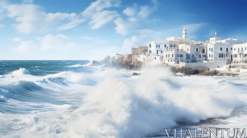 Serene Seascapes: Waves Over Mediterranean Town AI Image
