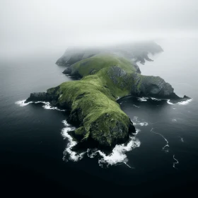 Serene Island Landscape Surrounded by Ocean and Fog