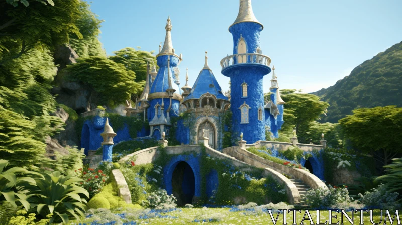 Animated Azure Castle Amidst Verdant Landscape AI Image