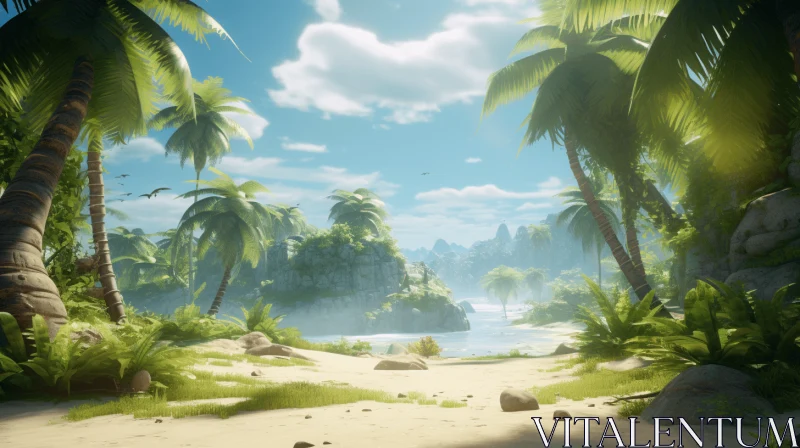 Tropical Island Scenery: Palm Trees and Rocks AI Image