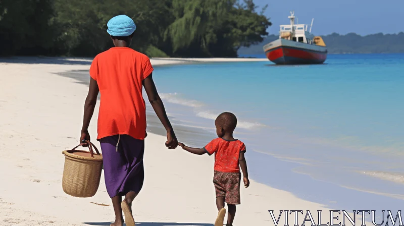 Mother and Child Beach Walk - An Afro-Caribbean Artistic Influence AI Image