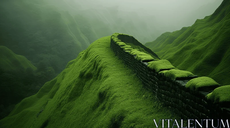 Green Wall on Mountain Side: A Serene Shang Dynasty-Inspired Landscape AI Image