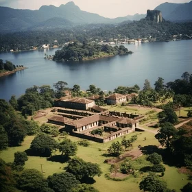 Aerial View of an Antique Mansion Near a Tranquil Lake