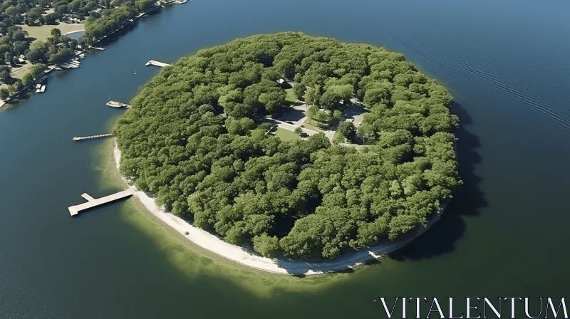Aerial View of Isolated Island on Lake Surrounded by Forest AI Image