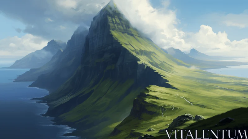 Fantasy Landscape Painting: Mountains and Sea AI Image