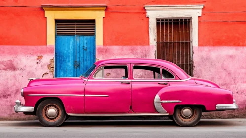 Vintage Pink Car against a Colorful Building