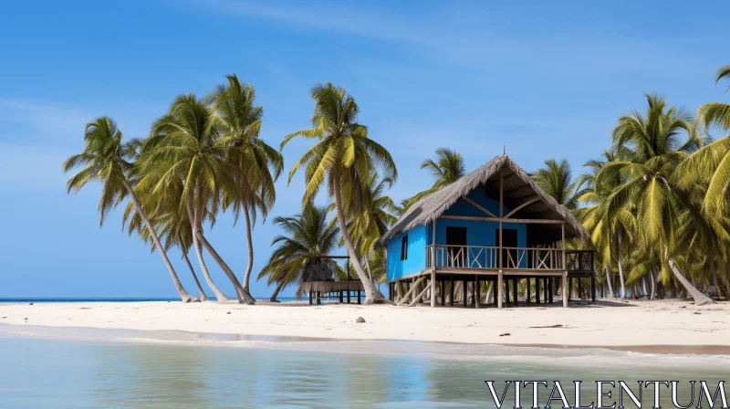 Enchanting Blue Hut on Tropical Beach: Timeless Elegance in Nature AI Image