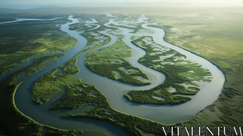 Aerial View of River and Marsh in Light White and Dark Green AI Image