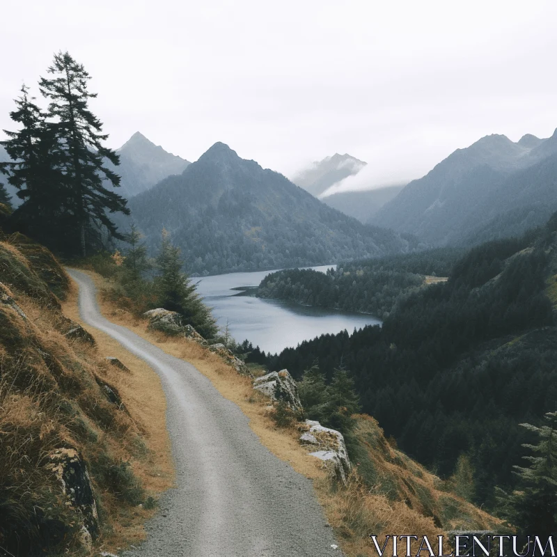 Mountainous Vistas: A Road Less Traveled by the Lakeside AI Image