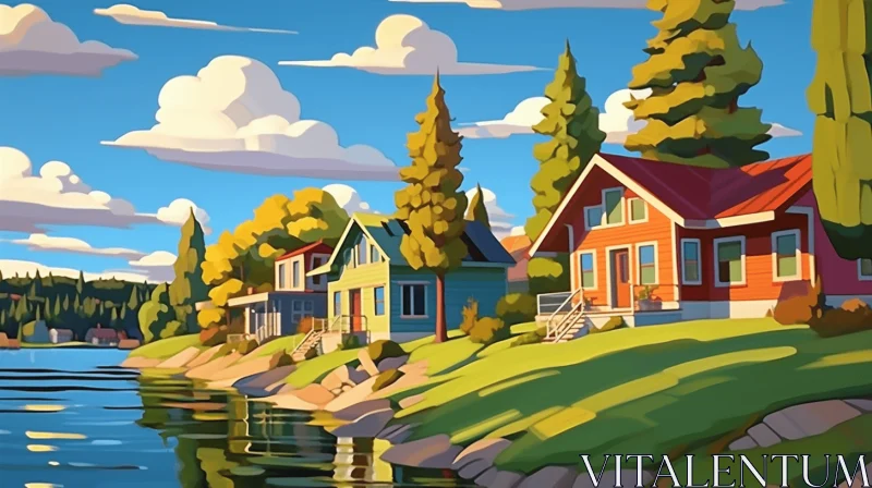 Colorful Lakeside Houses Illustration: A Blend of Fauvism and Cartoon Realism AI Image