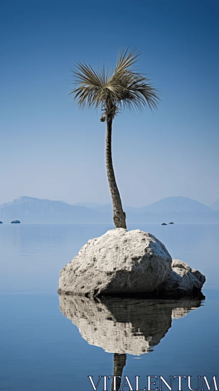 Serenity Captured: Palm Tree on Rock Amidst Azure Waters AI Image