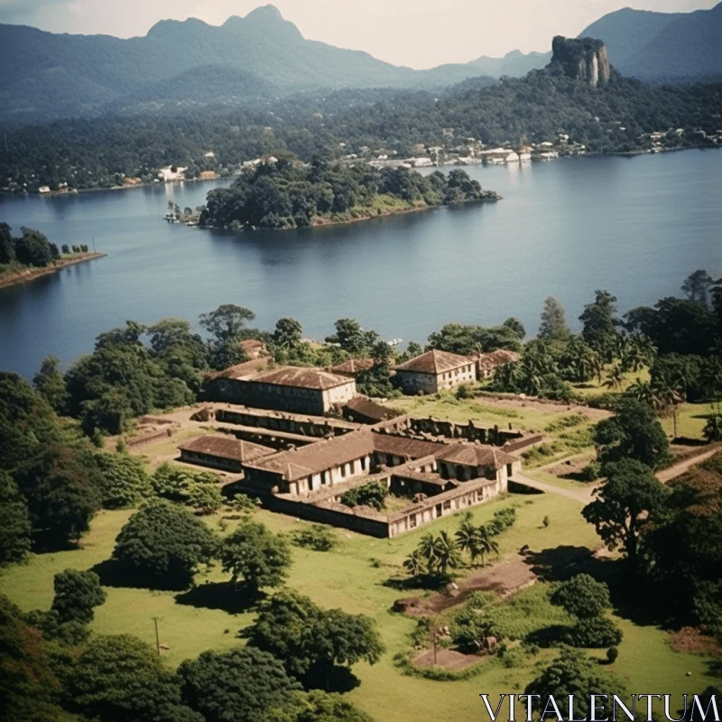 Aerial View of an Antique Mansion Near a Tranquil Lake AI Image