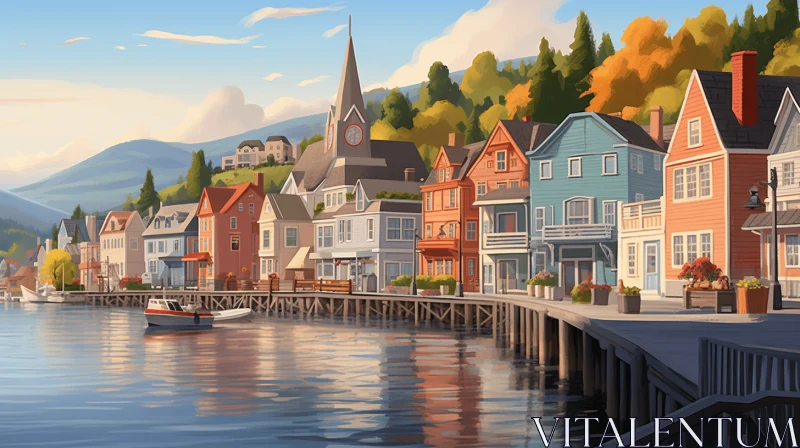 Enchanting Coastal Town - A Cartoon Landscape Illustration AI Image