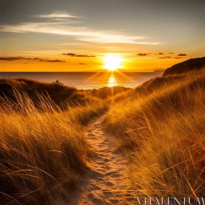 Pathway through Golden Desert Dunes at Sunset by the Ocean AI Image