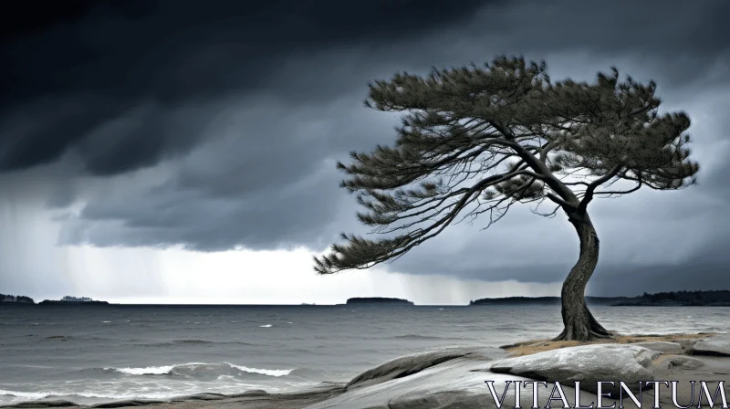 Stormy Seascape with Dry Tree - Norwegian Nature AI Image