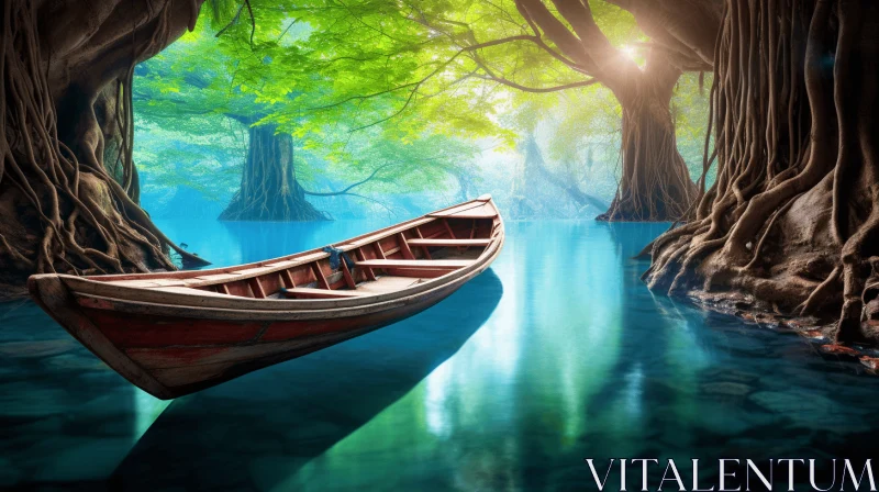 Wooden Boat in a Serene Forest Landscape AI Image