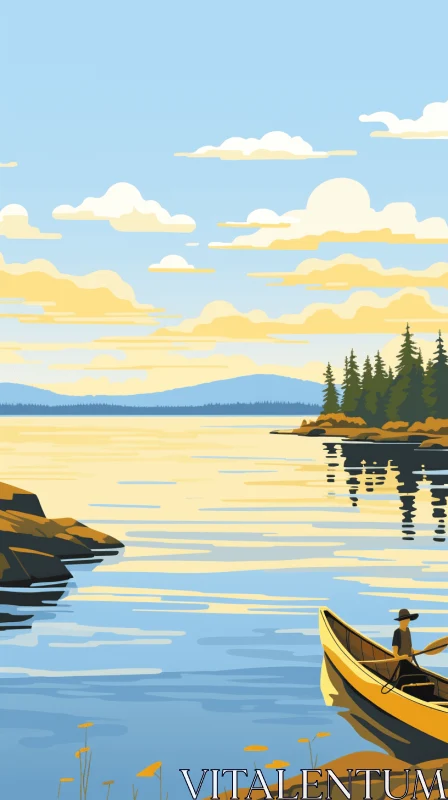 Serene Lake Illustration: Boat in Wilderness on Sunny Day AI Image