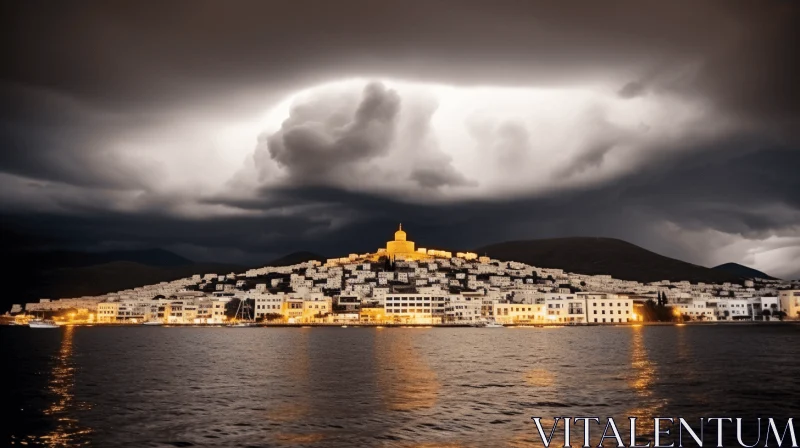Stormy Mediterranean Landscape: A Town Under the Clouds AI Image